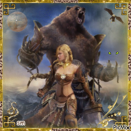 mujer guerrera y un oso!!! - GIF animado grátis