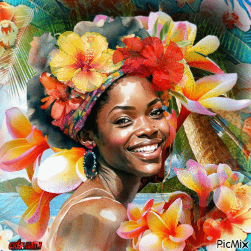 Femme et les fleurs tropicales...concours - Gratis animerad GIF