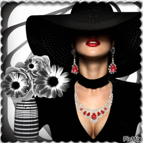 Femme avec un chapeau noir et rouge à lèvres rouge - Free animated GIF