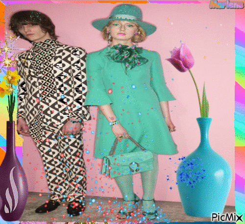 Portrait Man Woman Spring Flowers Color Hat Deco Glitter Fashion - Бесплатни анимирани ГИФ