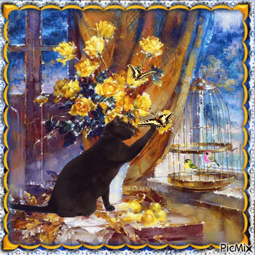 Cat and butterflies. - Free animated GIF