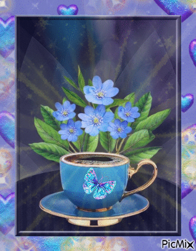 tasse café et fleurs - 無料のアニメーション GIF