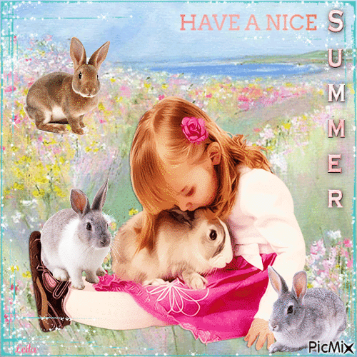 Have a nice Summer. Girl and her rabbits - Бесплатный анимированный гифка