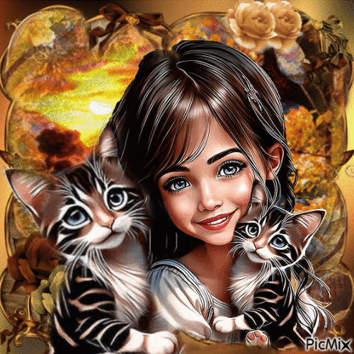 Fillette avec deux chats - Безплатен анимиран GIF