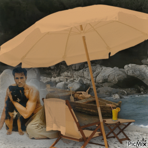 Un homme et un chien sur la plage - Free animated GIF