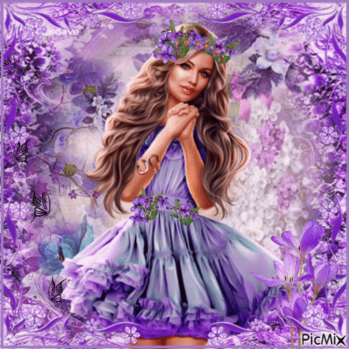 Femme avec des Fleurs Violettes - Nemokamas animacinis gif