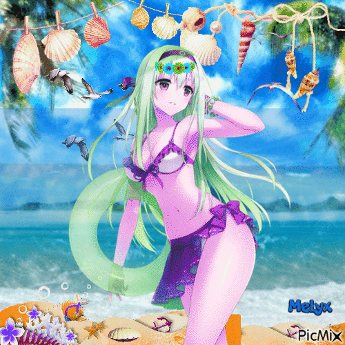 anime girl on the beach in summer - Free animated GIF