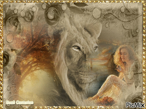 A mulher e o leão - Gratis geanimeerde GIF