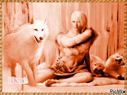 La femme sexy et ses loups - Безплатен анимиран GIF