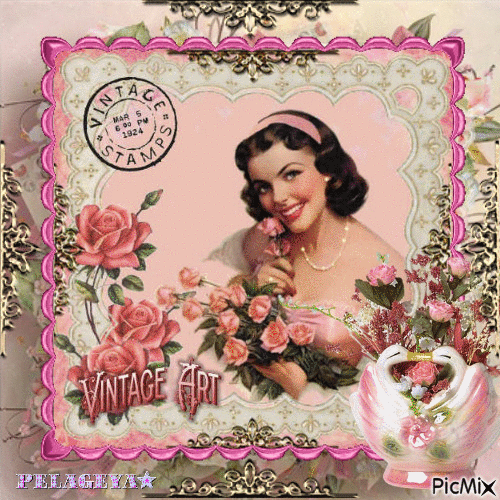 Vintage art portrait en rose 👩💄 🇫🇷 🌸 🌸 🌸 - Gratis geanimeerde GIF
