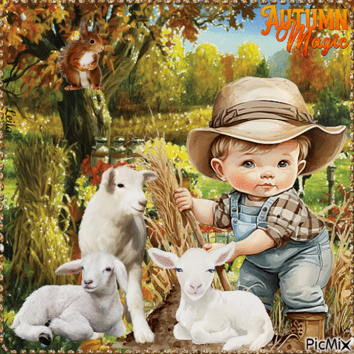 Boy with his lambs. Autumn Magic. Farm - Kostenlose animierte GIFs