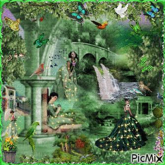 Paysage en vert, femmes entourées d"oiseaux et de ... papillons ! - GIF animado grátis