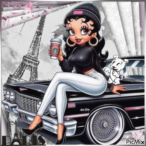 Betty Boop in Paris - Black and white background - Ingyenes animált GIF