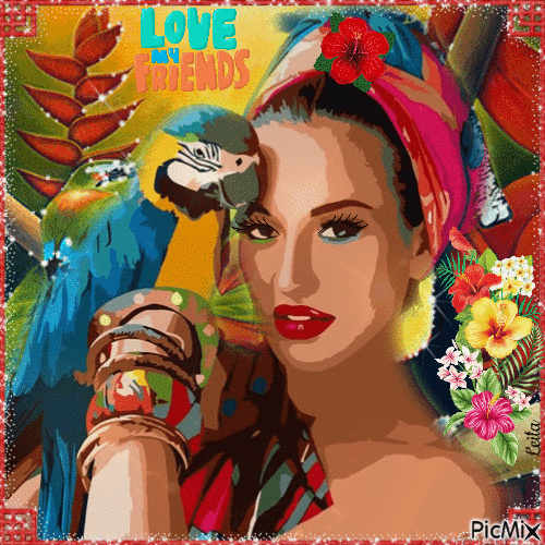 Colorful portrait. Tropical, parrot, woman - Free animated GIF