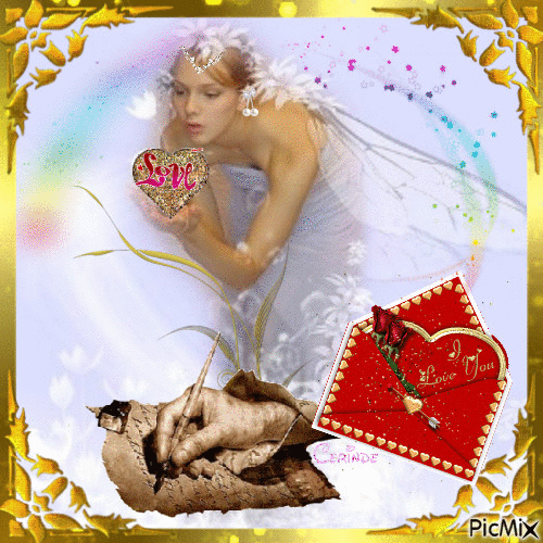 Fairy writing love letters in golden colors - Бесплатный анимированный гифка