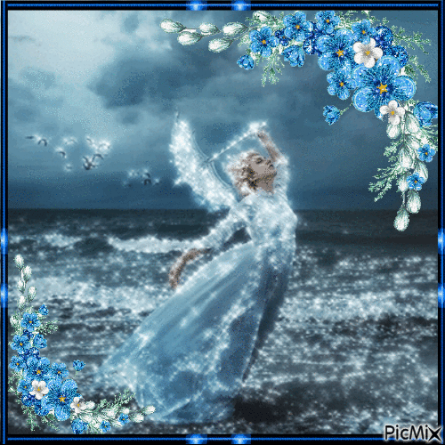 Blue Woman, ocean, flowers - Free animated GIF