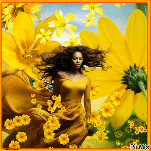 Woman surrounded by yellow flowers - GIF animé gratuit