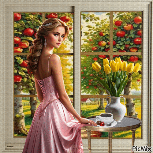 Dame avec des fleurs devant une fenêtre. - Бесплатни анимирани ГИФ