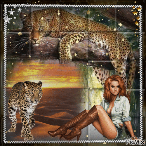 Woman with leopards - 免费动画 GIF
