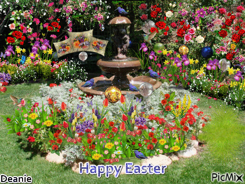 Happy Easter Bird Bath Scene Floral - GIF เคลื่อนไหวฟรี