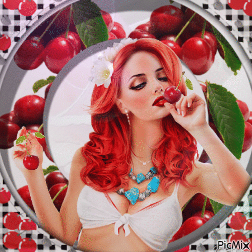 girl with cherries - Безплатен анимиран GIF