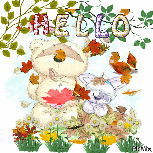 A TEDDY BEAR AND A WHITE RABBIT, FALL LEAVES BLOWING EVERY WHERE, RED, ORANGE AND YELLOWFALL FLOWERS BLOWINGHELLO AT THE TOP. - Free animated GIF