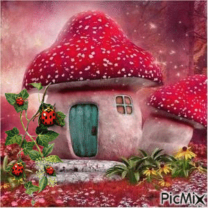 champignon maison et coccinelles - Zdarma animovaný GIF