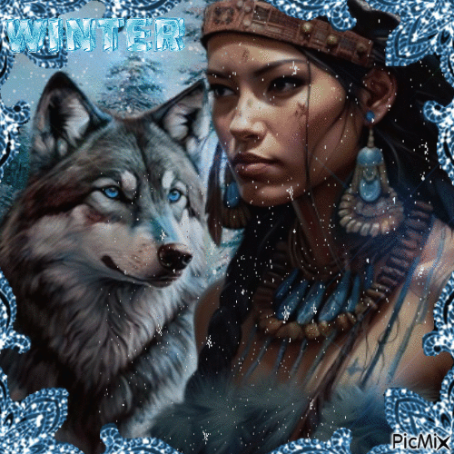 Mujer y lobo en invierno - Darmowy animowany GIF