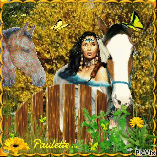 femme et son cheval au rintemps - Free animated GIF