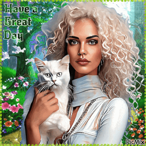 Summer. Have a Great Day. Woman, Cat - GIF animate gratis