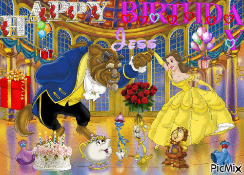 La Belle & la bête "Happy Birthday Jess" - Бесплатный анимированный гифка