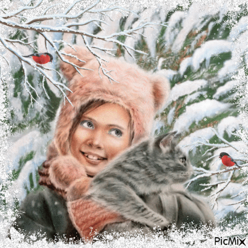 Fillette et son chaton en hiver. - Zdarma animovaný GIF