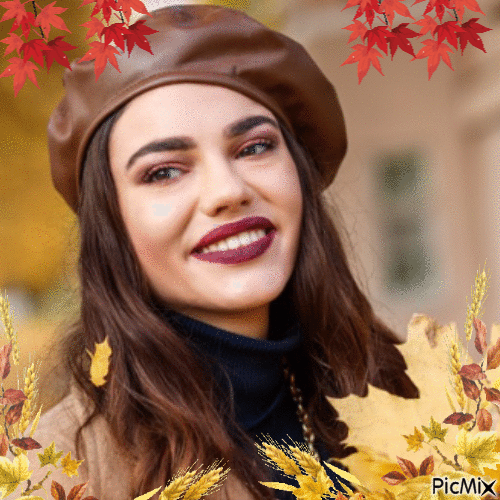 Femme d'automne avec un béret - 免费动画 GIF