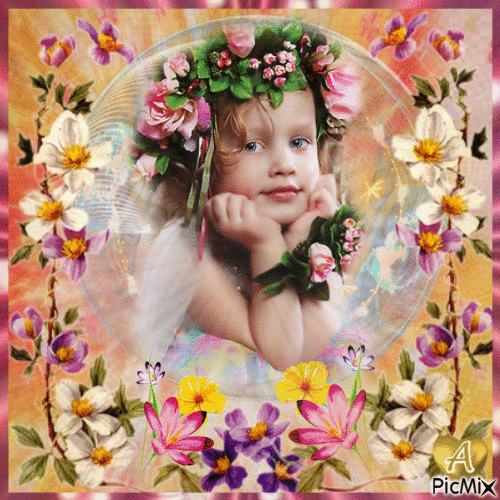 Criança no globo com flores - Gratis geanimeerde GIF