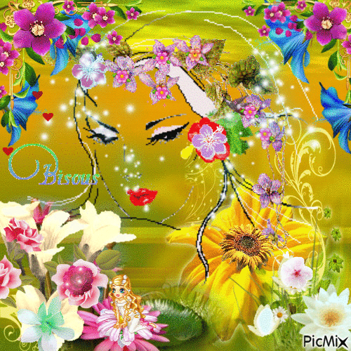 une femme parmi les fleurs - Безплатен анимиран GIF