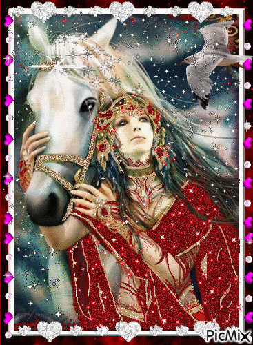 Jolie femme avec son super cheval blanc - GIF animé gratuit