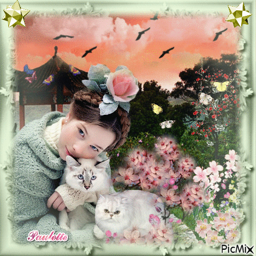 jeune fille japonaise et ses chats - Gratis animerad GIF