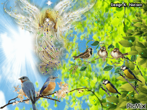 Angel Of Spring with small birds - Бесплатный анимированный гифка
