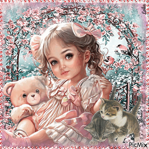 Girl with her cats and teddy bear in the garden - GIF animado gratis