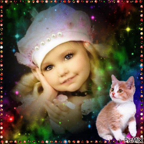 Девочка и котёнок - Безплатен анимиран GIF