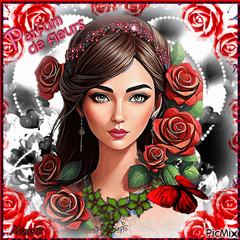 Femme et roses - Portrait - Безплатен анимиран GIF