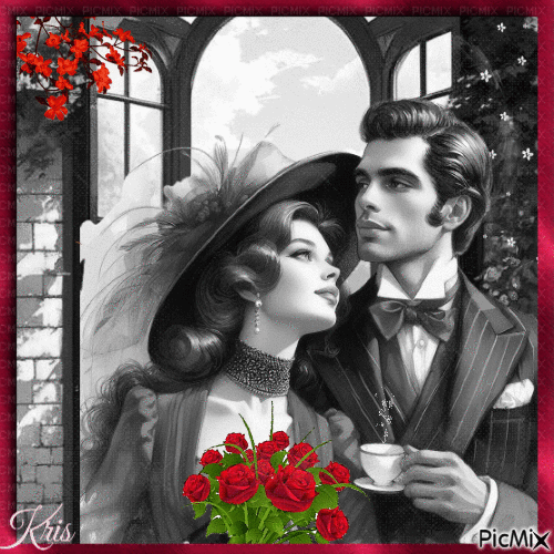 Couple vintage, en noir et blanc avec une touche de rouge - Ingyenes animált GIF