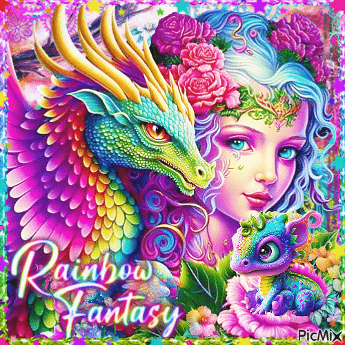 Rainbow - Dragon - Woman - Fantasy - GIF animado gratis