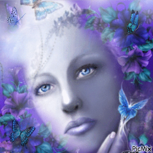 Woman and butterflies and flowers. - Free animated GIF