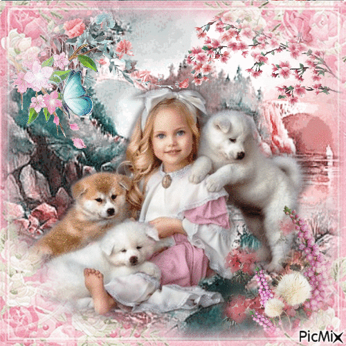 Kleines Mädchen mit ihren Hundewelpen im Frühling - Безплатен анимиран GIF