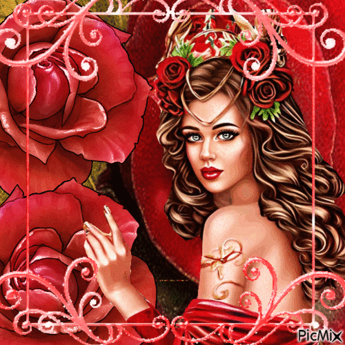 Femme et roses rouges - Бесплатный анимированный гифка