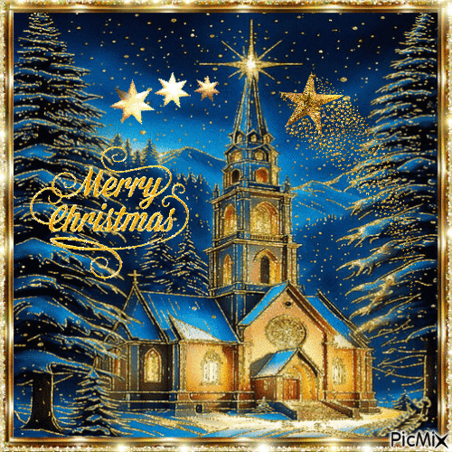 Merry Christmas Little Church and Golden Stars - GIF animé gratuit