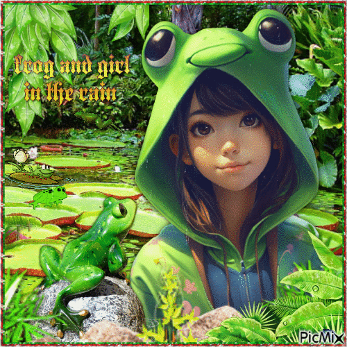 Mädchen und Frosch - Regentag - Animovaný GIF zadarmo