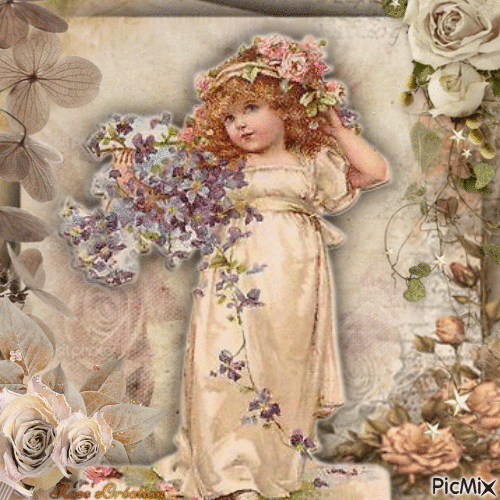 Concours :  Petite fille avec des fleurs en beige - 免费动画 GIF