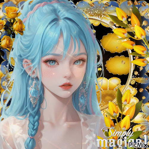 Anime-Mädchen: Blaue und gelbe Farben - Бесплатный анимированный гифка